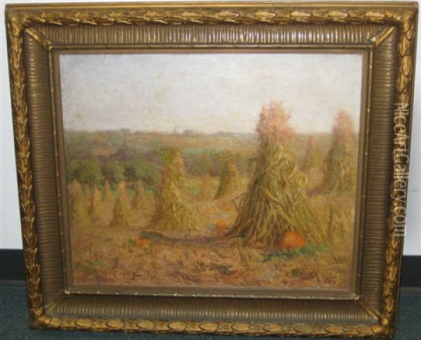 Haystacks And Pumpkins Oil Painting - Harry Spiers