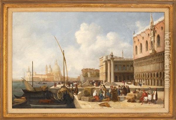 Venetian Scene With The Doge's Palace In The Foreground Oil Painting - Jacques Guiaud