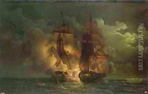 Battle Between the French Frigate Arethuse and the English Frigate Amelia in View of the Islands of Loz Oil Painting - Louis Philippe Crepin