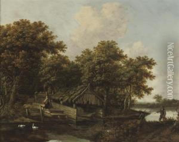 A River Landscape With Fishermen On The Riverbank Oil Painting - Cornelius Decker
