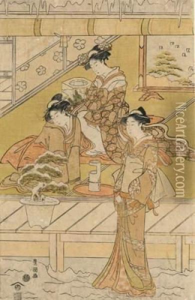 Trois Jeunes Femmes Assises Dans
 Un Pavillon Admirant Un Bonzai Dans Un Paysage De Neige. Oil Painting - Toyokuni