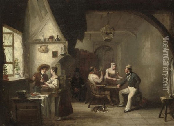 A Plymouth Tavern Interior With Men Smoking At A Table Oil Painting - Nicholas Condy