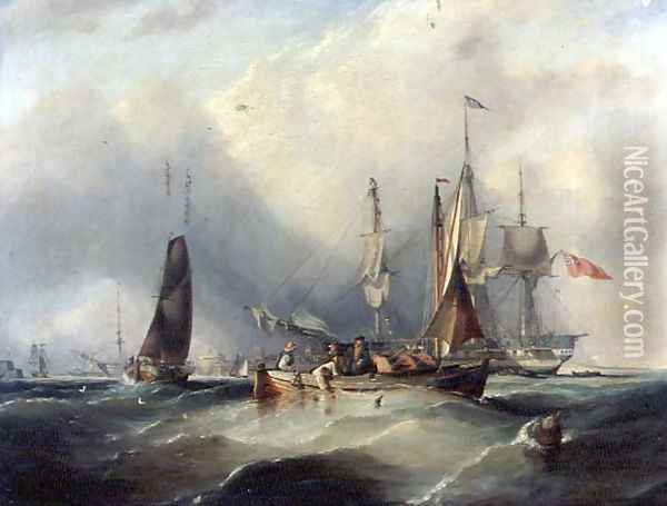 A Man-o'-War and Fishing Boats off Southsea Oil Painting - George Chambers