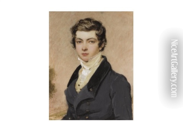 A Gentleman, Wearing Blue Double-breasted Coat With Black Collar, White Frilled Chemise, Yellow Waistcoat And Stock Oil Painting - Simon Jacques Rochard