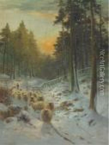 A Shepherd And His Flock In A Winter Landscape, Dawn Oil Painting - Daniel Sherrin