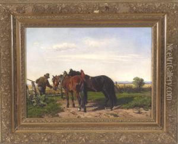 Bauer Mit Zwei Gezaumten Pferden Am Gatter Vor Einem Kornfeld Oil Painting - Ludwig Hartmann