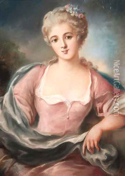 Portrait of a young lady in a pink dress with flowers in her hair Oil Painting - French School