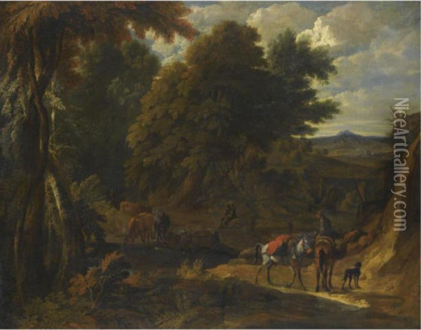 A Wooded Landscape With Herders And Their Animals On A Path Oil Painting - Pieter van Bloemen