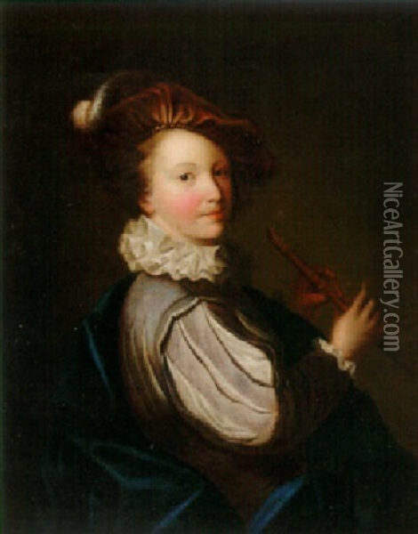 A Young Boy, Half-length, Holding A Recorder Oil Painting - Alexis Grimou