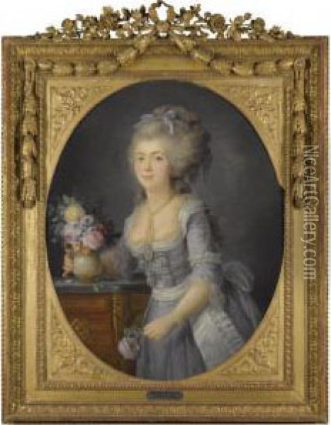 Portrait Of Madame Adelaide 
Auguie, Three Quarter Length, Standing Beside A Table Holding A Vase Of 
Flowers Oil Painting - Anne Vallayer-Coster