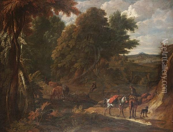 A Wooded Italianate Landscape 
With A Traveller On A Path And A Drover Watering His Cattle At A Stream;
 And An Italianate Landscape With Travellers On A Path, A View To Tivoli
 Beyond Oil Painting - Pieter van Bloemen