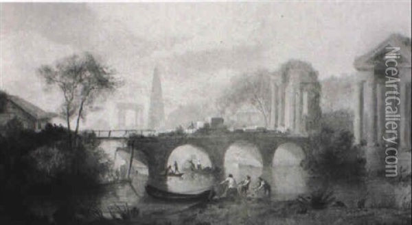 Figures Repairing A Bridge, Classical Style Ruins Beyond Oil Painting - Robert Freebairn