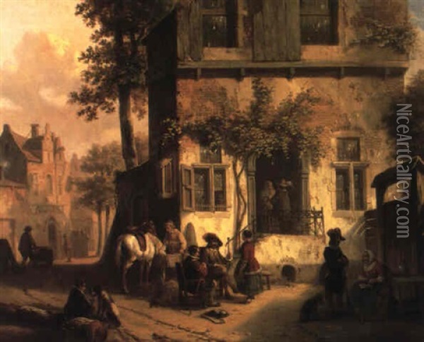 Halt At The Tavern Oil Painting - Hendrik Jan Augustyn Leys