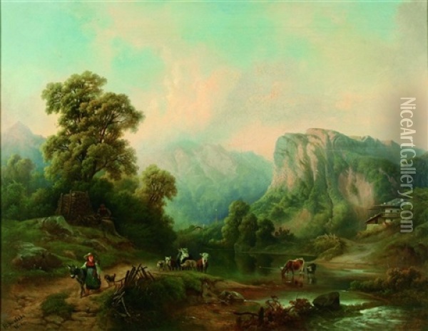 Alpenlandschaft Mit Hirten Oil Painting - Rudolph Swoboda the Elder