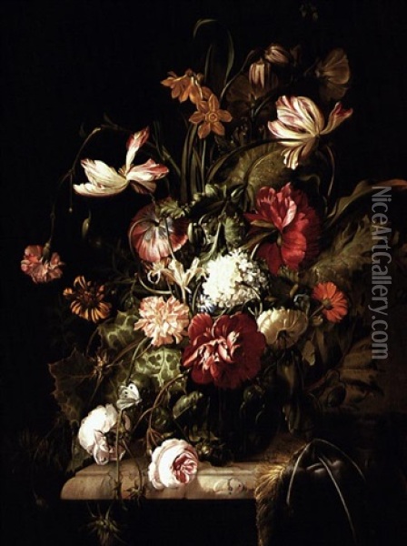 Still Life Of Flowers Including Roses, Carnations And       Peonies In A Glass Vase Standing On A Marble Ledge Oil Painting - Rachel Ruysch