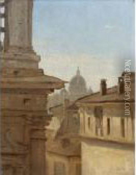 View Of The Rooftops Of Rome With St. Peter's Basilica Beyond Oil Painting - Jean-Baptiste-Camille Corot
