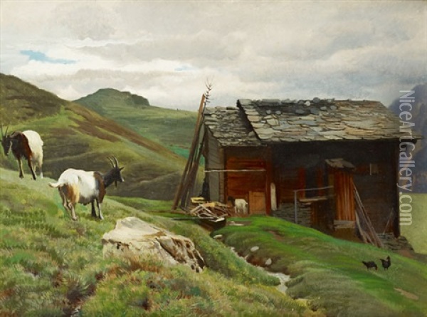 Chalet A La Rideralp, Valais Oil Painting - Albert Lugardon