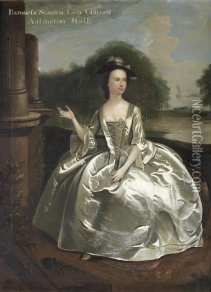 Portrait Of Baroness Sunden, Lady Clayton Of Adlington Hall, Full Length, In A White Silk Dress, In A Park Landscape Oil Painting - Arthur Devis