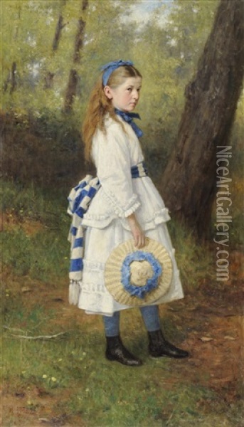 Portrait Of A Young Girl, Standing In A Sunlit Glade, Wearing A Cream Dress With Blue And White Ribbons, Holding A Bonnet In Her Right Hand Oil Painting - George Reid