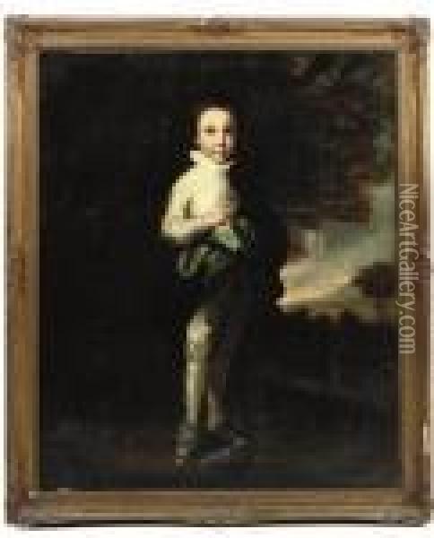 Portrait Of Jacob 
Pleydell-bouverie, 2nd Earl Of Radnor (1750-1828), As A Young Boy, 
Standing Full-length, In A White Satin Suit And A Blue Wrap, In A 
Landscape Oil Painting - Sir Joshua Reynolds