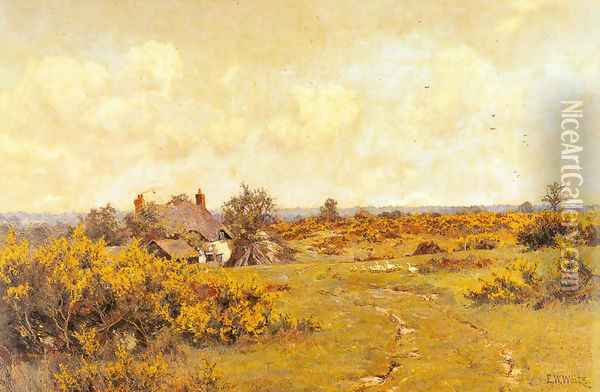 A gaggle of geese on a fram track in a Surrey landscape, a cottage beyond Oil Painting - Edward Wilkins Waite