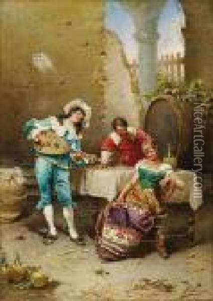 Galante Szene Mit Einemkavalier, Einer Dame Und Einem Lautenspieler Oil Painting - Francesco Peluso
