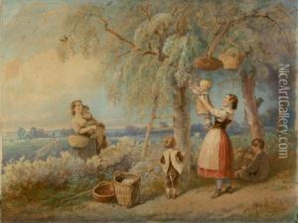 Zwei Mutter Mit Ihren Kindern Oil Painting - Theodor Hosemann