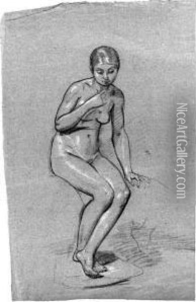 A Seated Female Nude, Looking Down; And A Drapery Study Oil Painting - Pauline Auzou