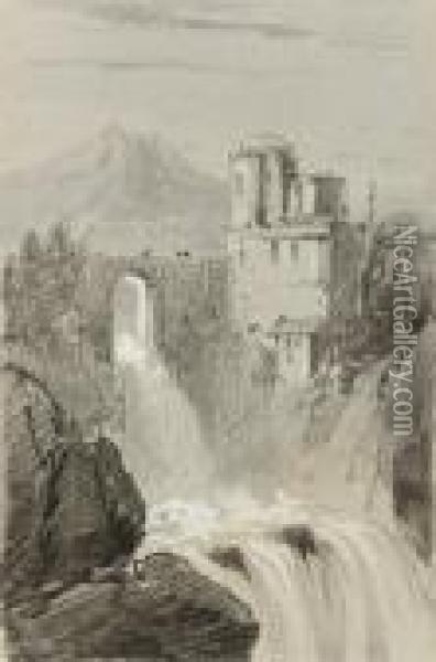 A Castle By A Waterfall With A Mountain Beyond Oil Painting - Edward Lear