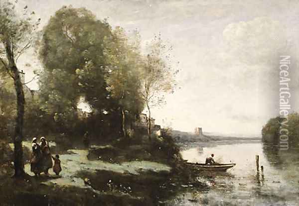 River with a Distant Tower 1865 Oil Painting - Jean-Baptiste-Camille Corot