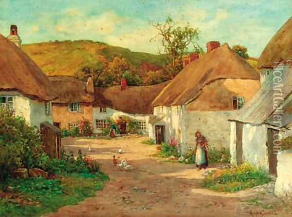 Figures and geese before thatched cottages Oil Painting - Ralph William Bardill