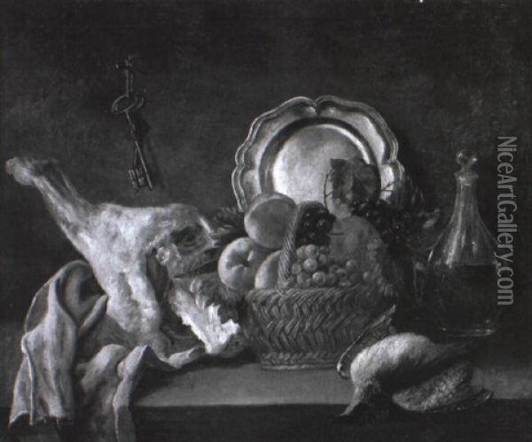 Stilleben Mit Fruchten In Einem Flechtkorb, Geschirr Und Hammelkeule Oil Painting - Jean-Baptiste-Simeon Chardin