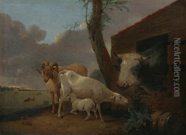 Sheep And Bullock On A Riverbank Oil Painting - Johann Adam Ackermann