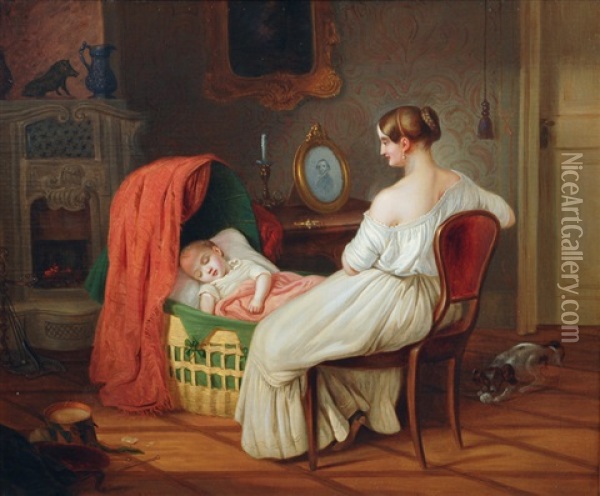Young Mother At Her Child's Cradle Oil Painting - Johann Frankenberger