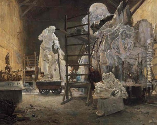 The Studio Of Jules Dalou Oil Painting - Alphonse Gaudefroy
