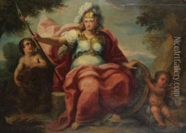 Athena In Landschap Geflankeerd Door Putto, Leeuw En Engeltje Oil Painting - Giovanni Antonio Pellegrini