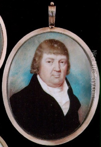 A Gentleman Wearing Short Wig, Dark Blue Coat, White Waistcoat And Tied Stock Oil Painting - Thomas Hazlehurst