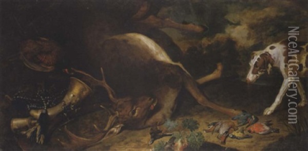 A Hunting Still Life Of A Dead Stag, A Phesant, A Kingfisher, A Blue Tit, A Bullfinch And Oher Birds, With A Hunting Horn And A Rifle, By A Hound In A Landscape Oil Painting - Philipp Ferdinand de Hamilton