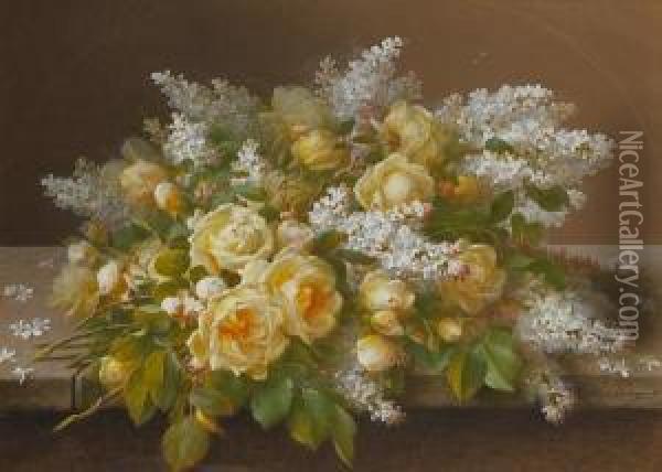 Yellow Roses And Lilac Oil Painting - Raoul Maucherat de Longpre