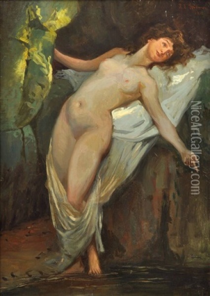 Weiblicher Akt, An Felsen Gelehnt Oil Painting - Robert Emil Stuebner