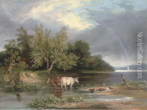 Cattle Watering In A Wooded Landscape Oil Painting - Henry John Boddington