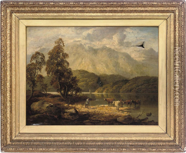 An Extensive River Landscape With Cattle Watering Oil Painting - Thomas, Junior Dingle