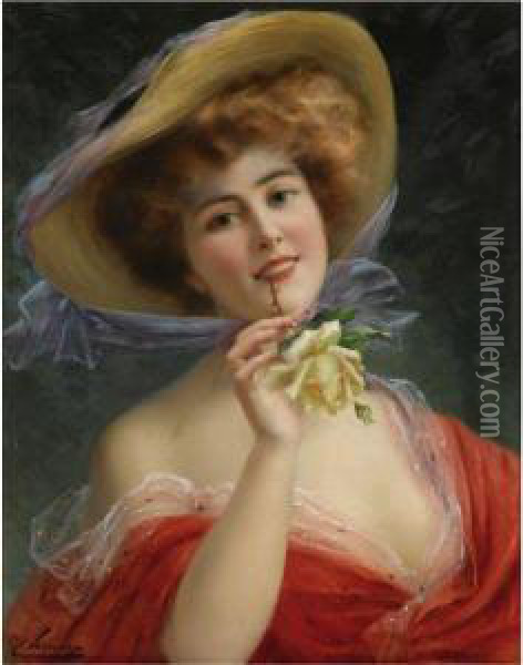 Fille A La Rose Jaune Oil Painting - Emile Vernon