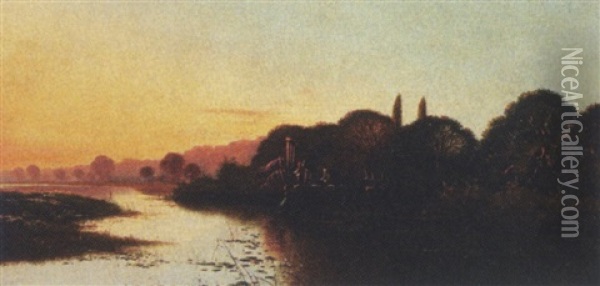 Landskab Med Fiskende Figurer I Den Nedgaende Sol Oil Painting - Edwin Henry Boddington