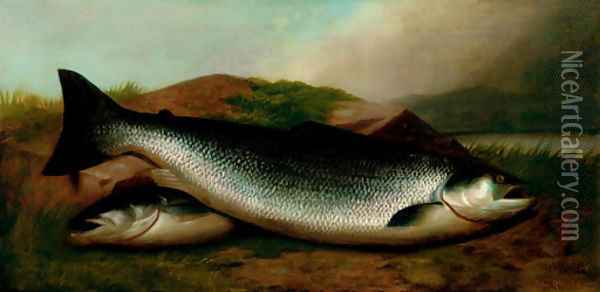Salmon on a River Bank Oil Painting - John Russell