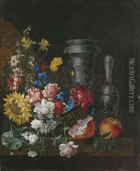 Blumen- Und Fruchtestilleben Mit Prunkgefasen Auf Einem Steinpodest Oil Painting - Jean Baptiste Belin de Fontenay