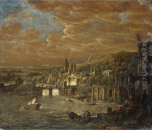 A Panoramic View Of An Italian City With Classical Buildings Along A River Oil Painting - Jacob Willemsz de Wet the Elder