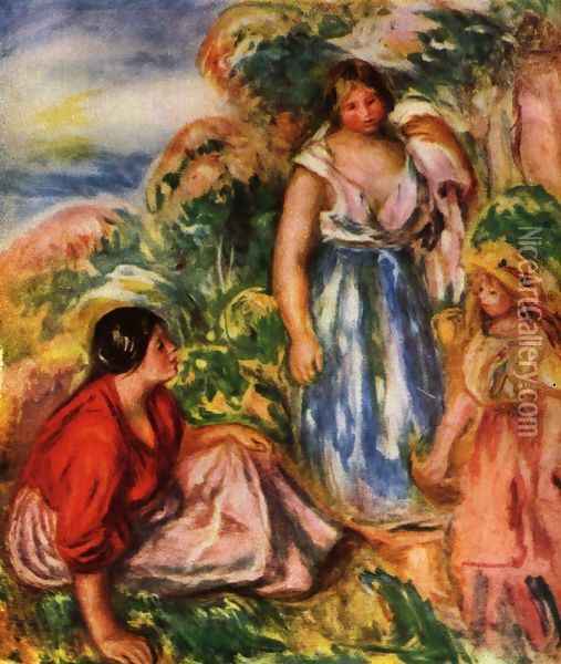 Two women with young girl in a landscape Oil Painting - Pierre Auguste Renoir