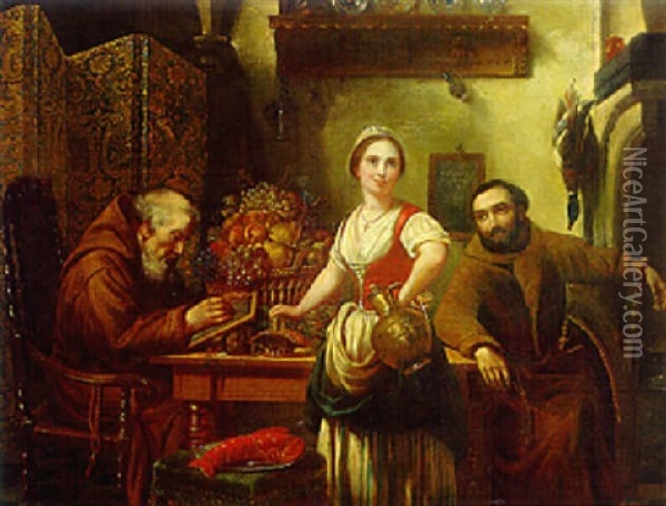 A Kitchen Interior With A Milkmaid And Monks Oil Painting - Josef Cornelius Correns