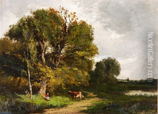 Waldweg Mit Hirtin Und Kuh Oil Painting - Etienne Maxime Vallee